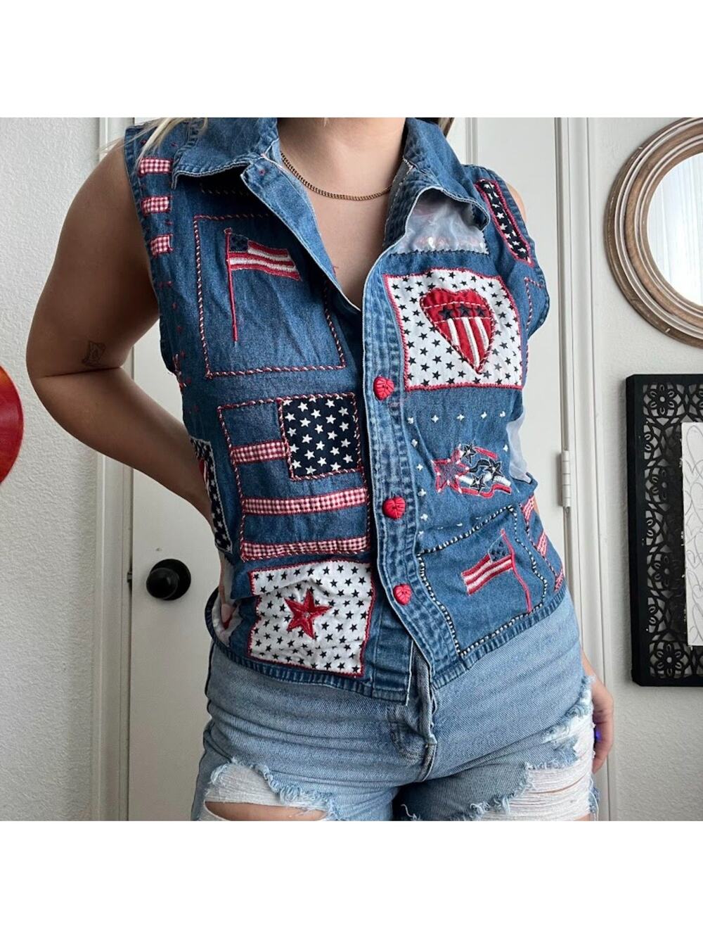 Y2K Carolina Blues Denim USA Embroidered Vest Sz L